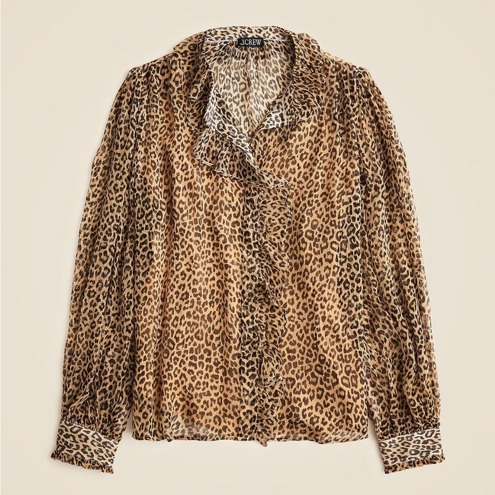 MOVING SALE J. Crew Leopard Print Ruffle-Front Blouse in Tan and Black